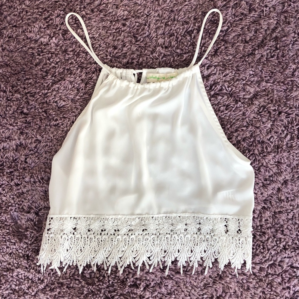 White crop top with crochet trim at bottom